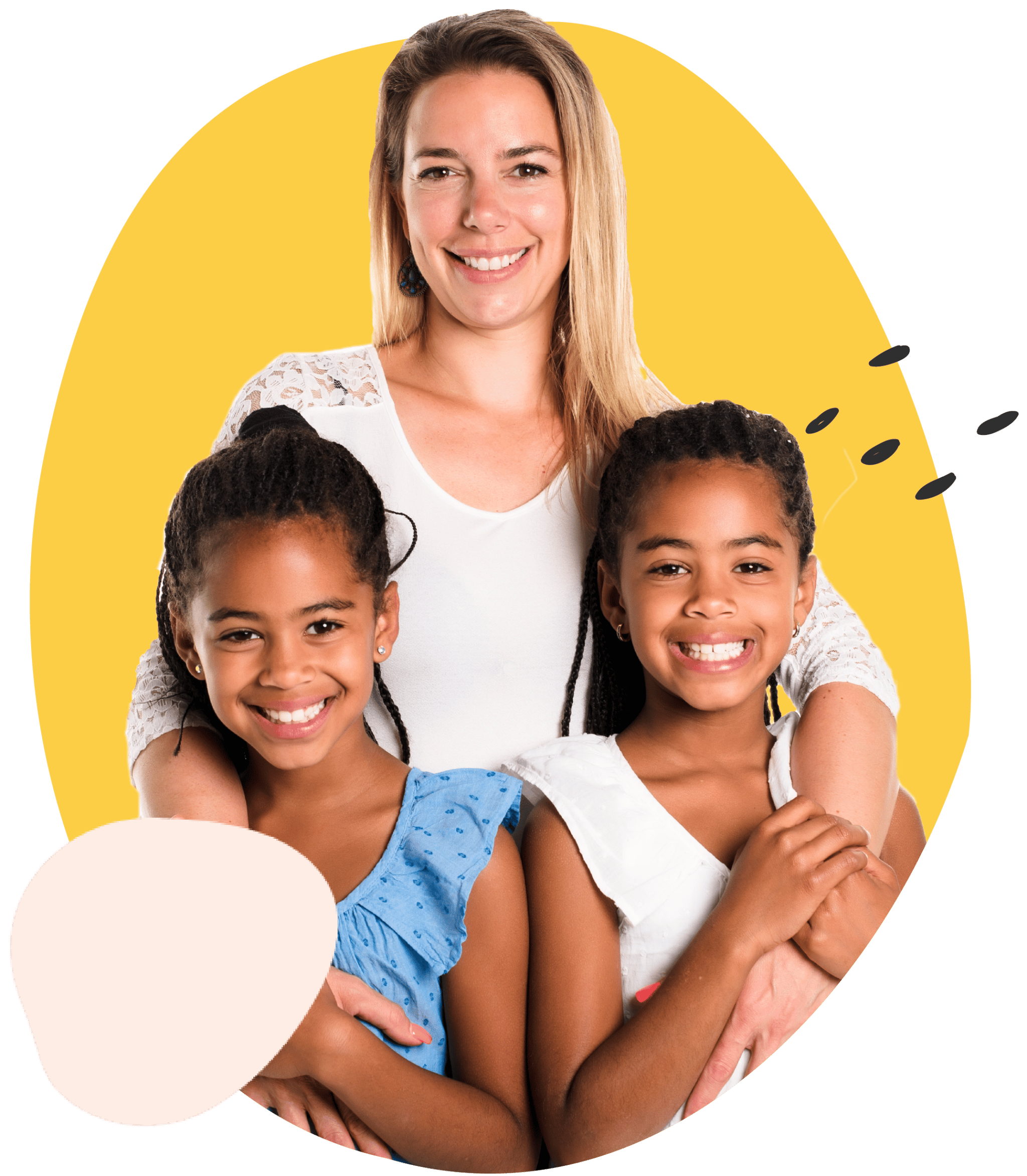woman hugging two young children