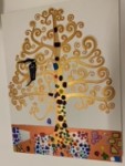Painting of a family tree. The tree is gold and swirling. 
