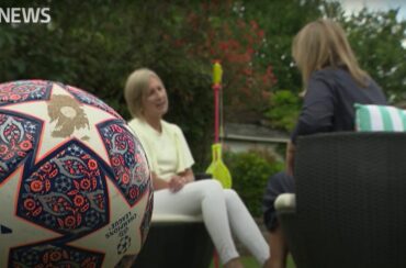 Mockingbird in Devon feature on ITV news. picture shows home hub carer talking to reporter in the garden