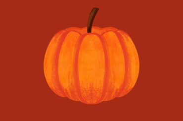 Illustration of a pumpkin on a dark orange background. Pumpkin copyright: Victoria Sergeeva via Canva.com