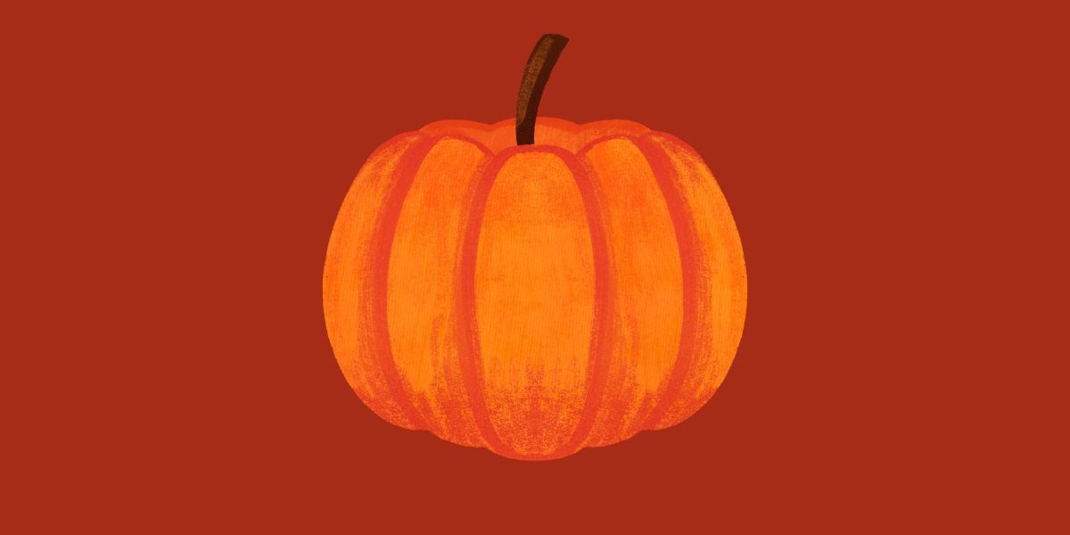 Illustration of a pumpkin on a dark orange background. Pumpkin copyright: Victoria Sergeeva via Canva.com