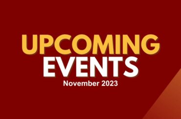 Dark red background with the next 'UPCOMING EVENTS' in bold. Below in smaller text is 'November 2023'