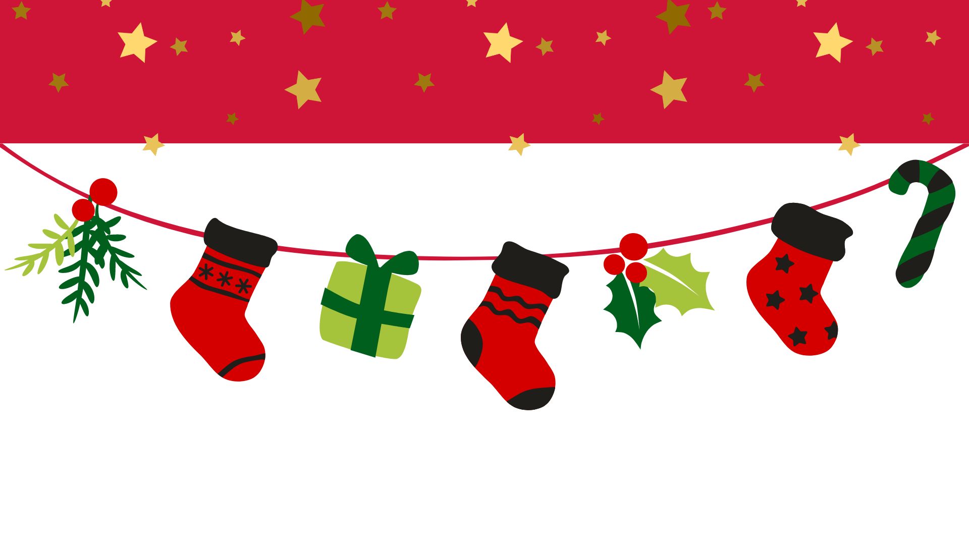 Illustration of Christmas bunting with stockings, candy canes and mistletoe