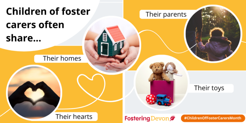 Graphic shows a white bubble in the top left-hand corner with the words 'Children of Foster Carers Month' written in bold. It shows various bubbles with pictures, linked together by white squiggles. The pictures are of a hand holding a model house, a parent holding hands with a child whilst walking, a pair of hands making a heart sign, and some childrens toys.