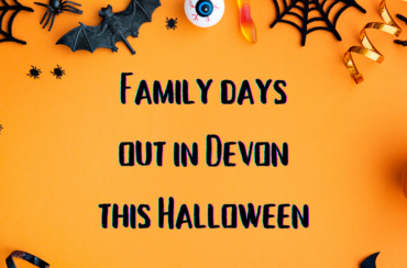 Orange background with border of spiders webs and bats and pumpkins. Text inside reads in spooky font 'Family days out in Devon this Halloween'