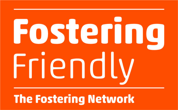 Orange Fostering Friendly Logo. 'Fostering Friendly' is in bold text above smaller text which reads 'The Fostering Network'